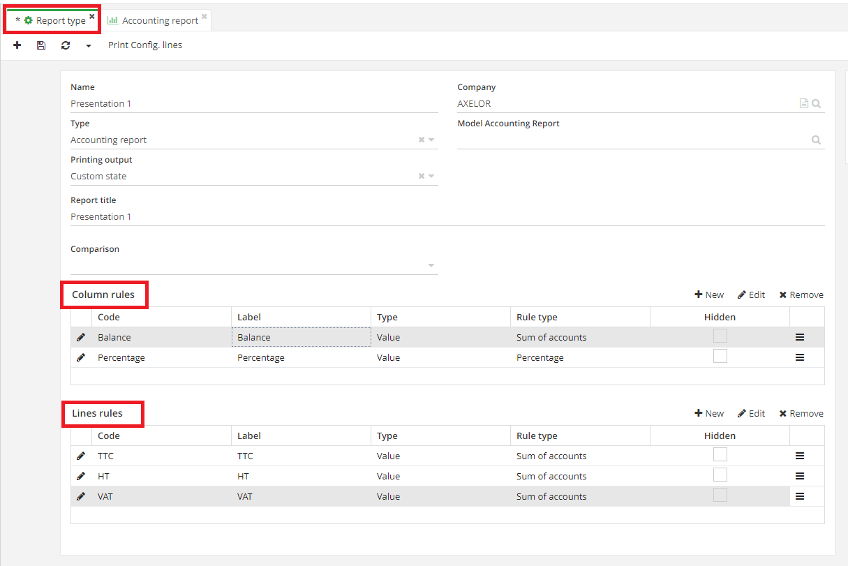 1.3. Report type with configured column and line rules.